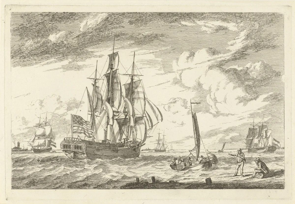 Amerikaanse driemaster en andere schepen by Gerrit Groenewegen, print, 1793