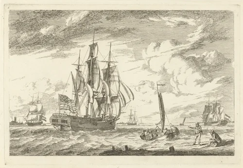 Amerikaanse driemaster en andere schepen by Gerrit Groenewegen, print, 1793