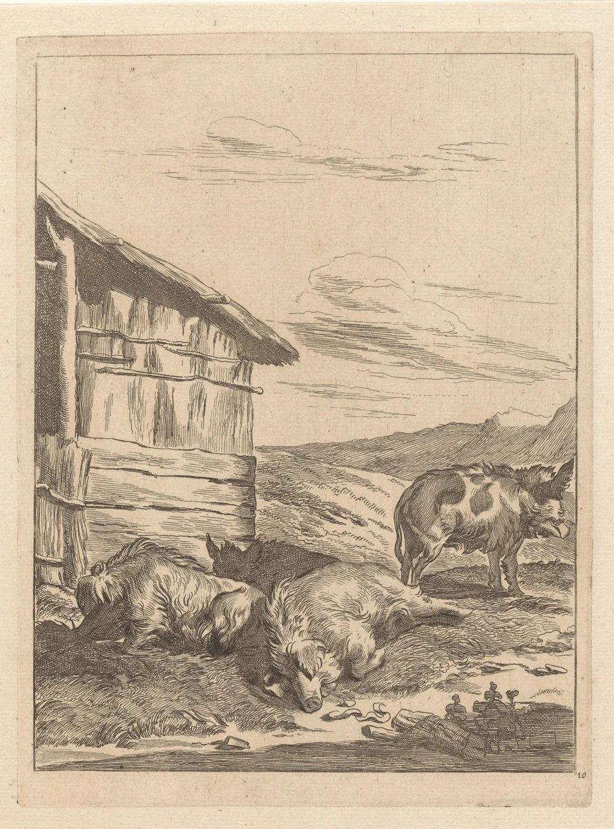 Landschap met zwijnen voor een stal by anonymous, print, 1643-1692