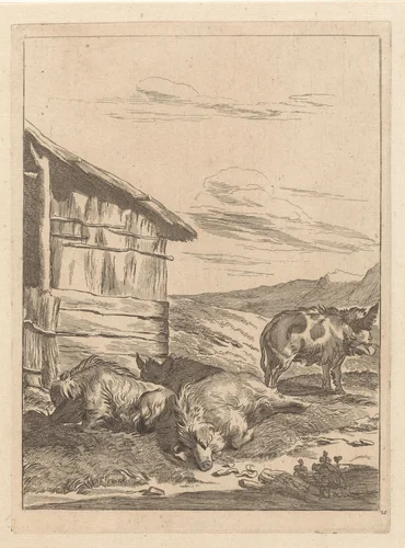 Landschap met zwijnen voor een stal by anonymous, print, 1643-1692