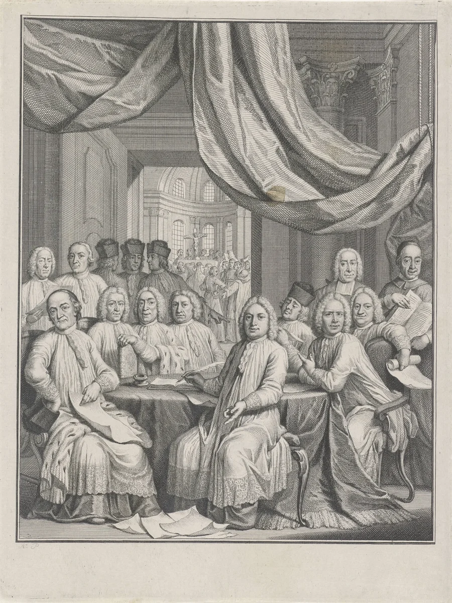 Gezelschap van geestelijken rond een tafel by Jacob Folkema, print, 1735-1767
