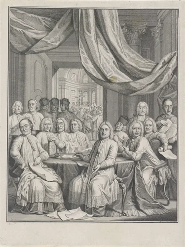 Gezelschap van geestelijken rond een tafel by Jacob Folkema, print, 1735-1767