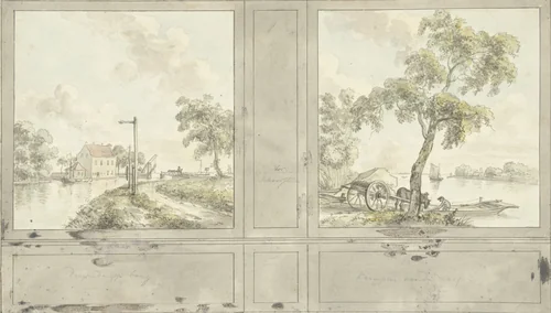 Ontwerp voor kamerwand met schilderingen van: Duivendrechtse Brug en Krimpen aan de Lek by Jurriaan Andriessen, drawing, 1752-1819