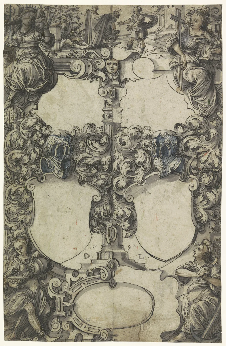 Ontwerp voor een glasraam met de vier deugden en twee lege wapenschilden; bovenaan de dronkenschap van Noach by Daniel Lindtmayer, drawing, 1591