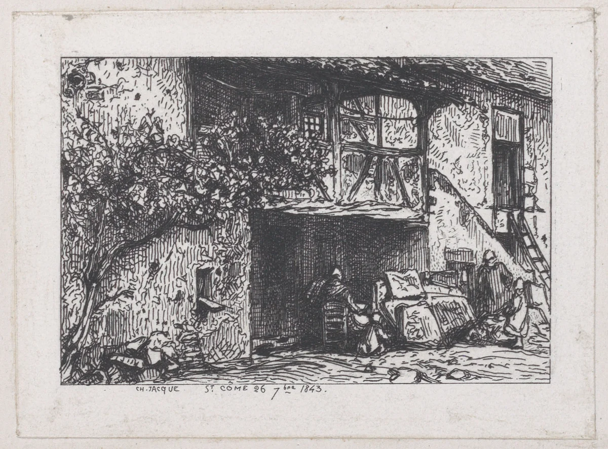 House at Saint-Cômte and Drinker at the Barrel by Charles Jacque, print, 1843