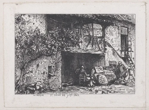 House at Saint-Cômte and Drinker at the Barrel by Charles Jacque, print, 1843