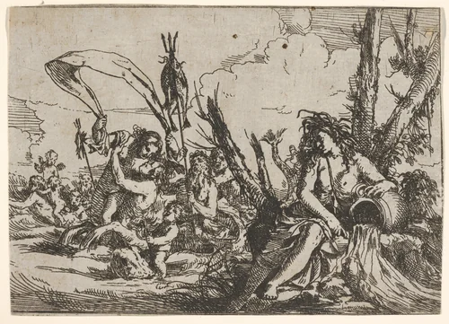 Water, represented by a naiad seated at the base of a tree and resting her arm on a supine urn from which water flows, behind her a triton and other inhabitants of the sea rise from the water surface, from "The Elements" by Giulio Carpioni, print, 1640-1660