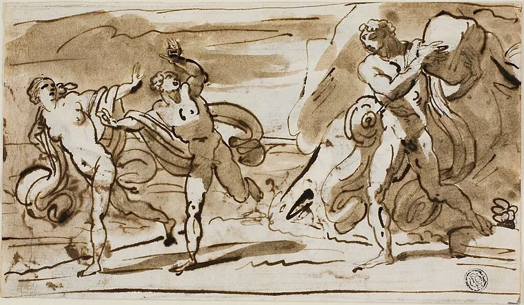 Polyphemus Throwing Boulders at the Fleeing Aeis and Galatea (recto); Polyphemus Playing His Reed Pipes for Galatea (verso) by Felice Giani, drawing, 1632-1863