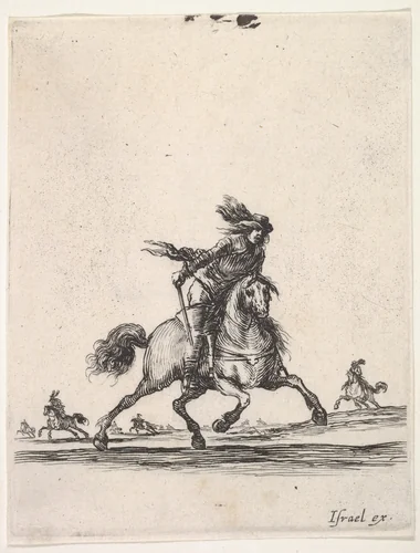 A horseman galloping towards right with sword in hand, other horsemen in the background, from "Various cavalry exercises" (Diverses exercices de cavalerie) by Stefano della Bella, print, 1642-1645