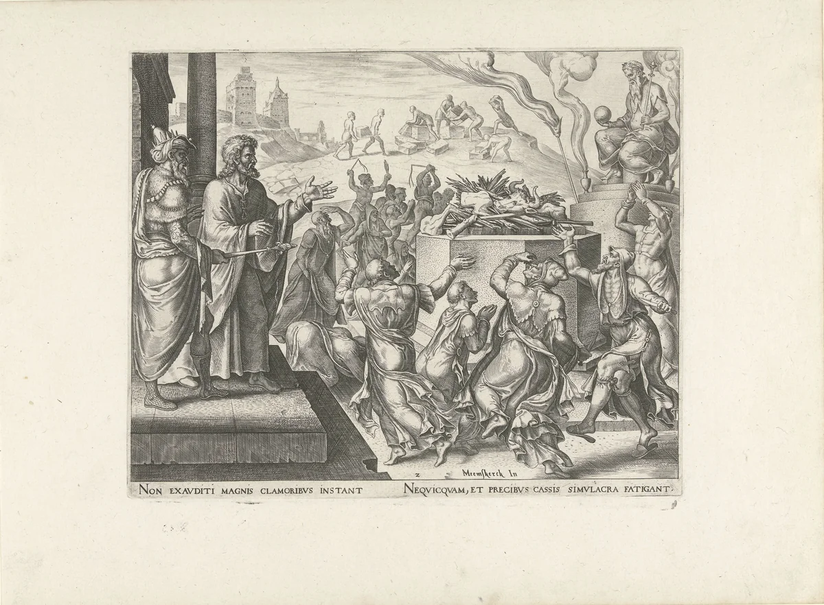 De priesters roepen Baäl aan en bidden om vuur by Philips Galle, print, 1567-1570