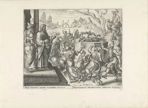 De priesters roepen Baäl aan en bidden om vuur by Philips Galle, print, 1567-1570
