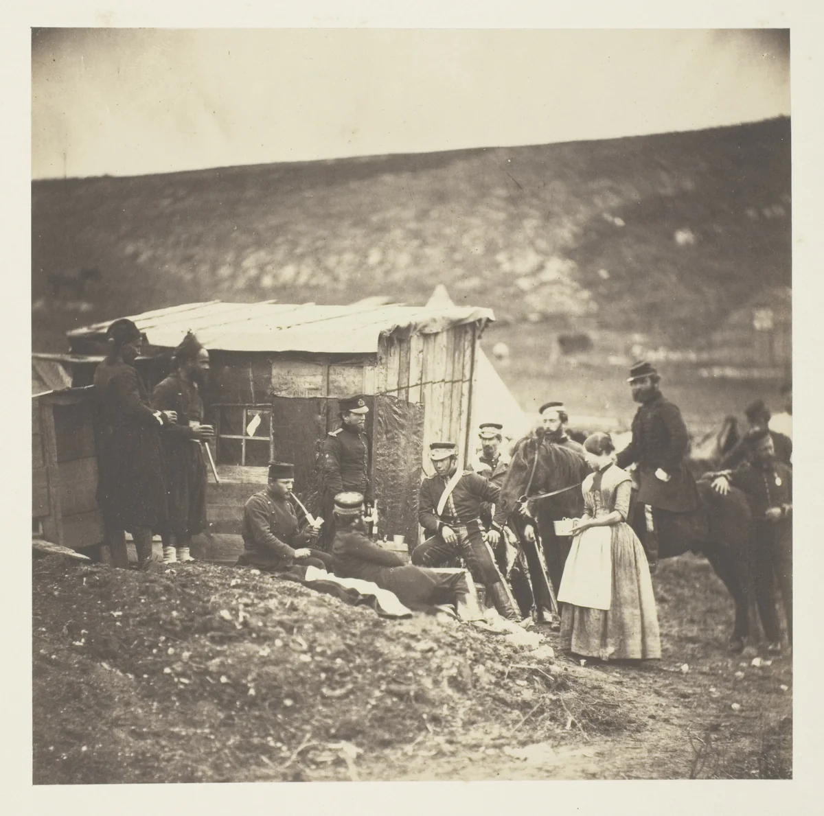 Camp of the 4th Dragoon Guards, convivial party, French & English by Roger Fenton, photograph, 1855