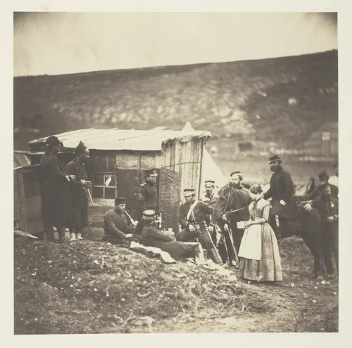 Camp of the 4th Dragoon Guards, convivial party, French & English by Roger Fenton, photograph, 1855