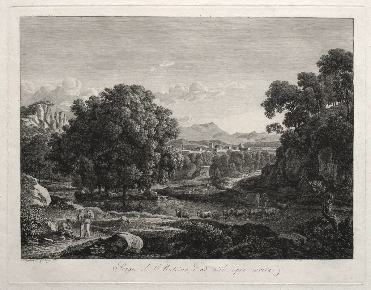Heroic Landscape: Cattle Crossing the River by Johann Christian Reinhart, print, 1795