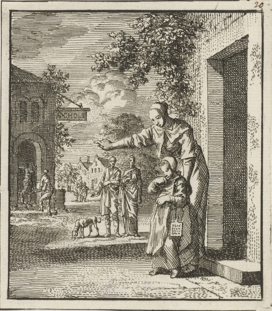 Moeder wijst haar kind op een schoolgebouw by Jan Luyken, print, 1712