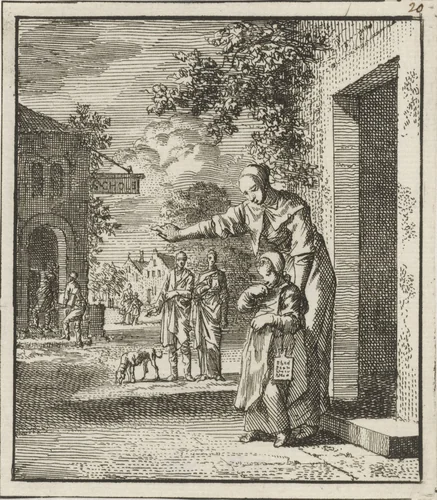 Moeder wijst haar kind op een schoolgebouw by Jan Luyken, print, 1712