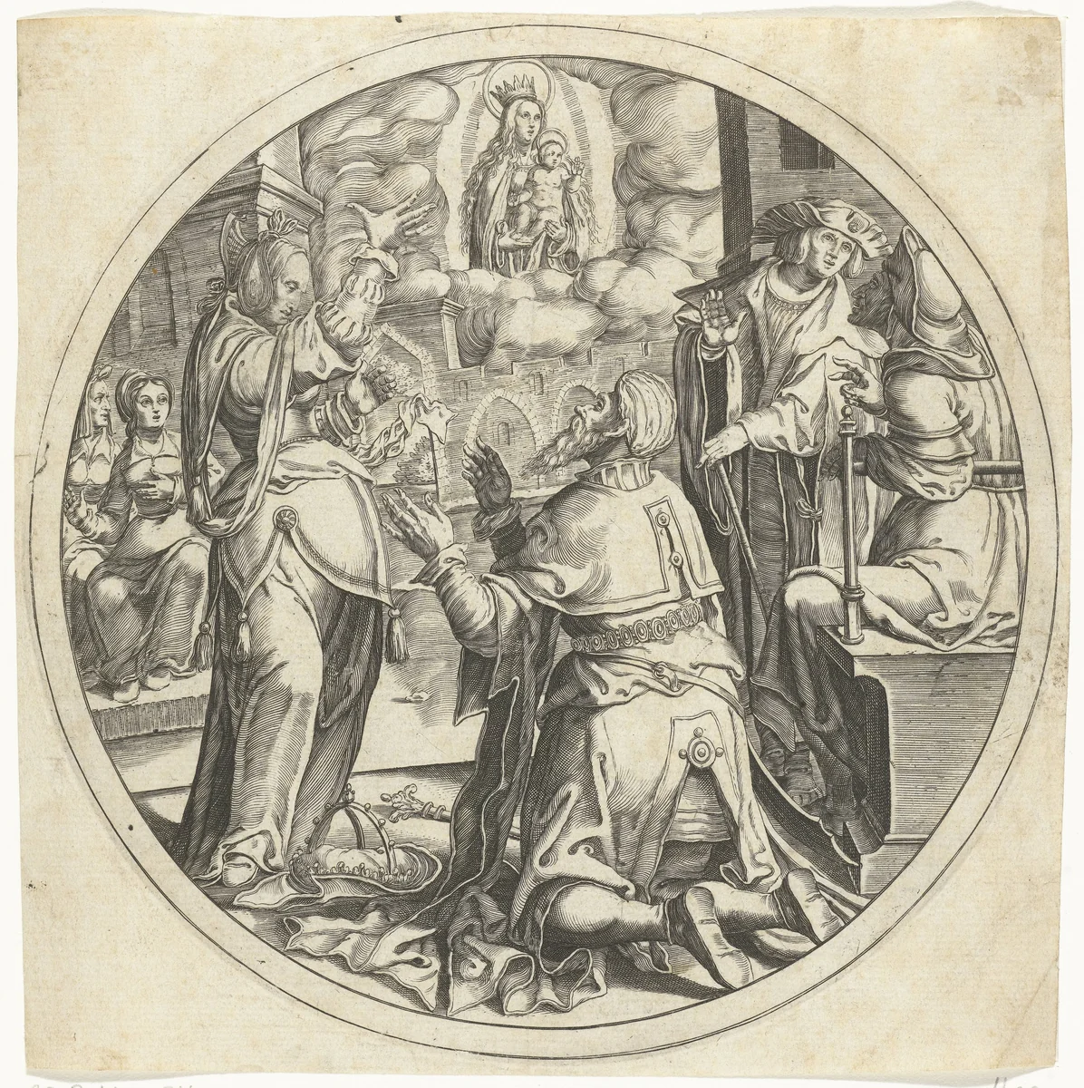 Maria met het Kind verschijnt aan keizer Augustus by Bartholomeus Willemsz. Dolendo, print, 1589-1626