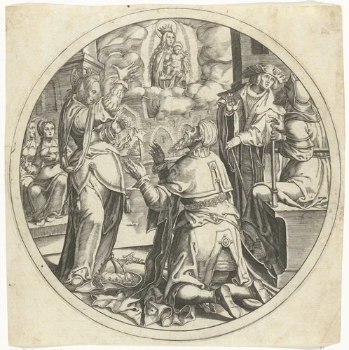 Maria met het Kind verschijnt aan keizer Augustus by Bartholomeus Willemsz. Dolendo, print, 1589-1626