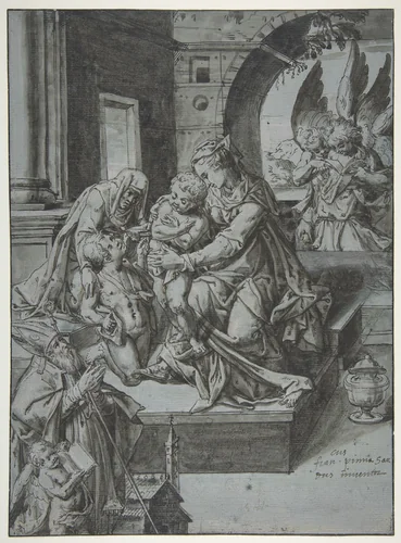 The Virgin and Child with the Infant Baptist, Saint Elizabeth, a Kneeling Prelate, and Three Attendant Angels by Francesco Pinna, drawing, 1595-1632