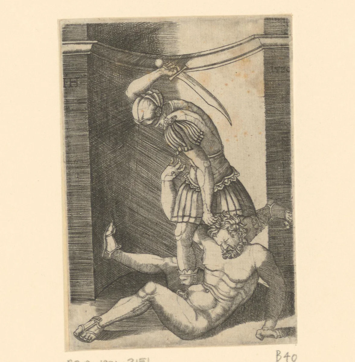 Soldaat probeert naakte man te onthoofden by Unknown, print, 1510-1550