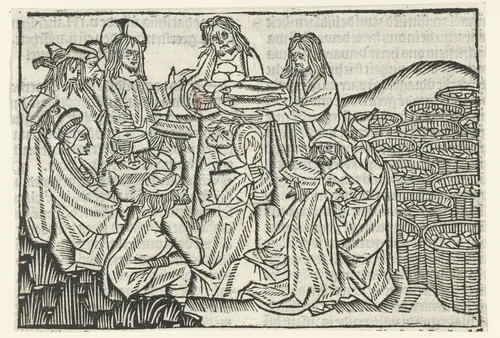 Wonderbaarlijke vermenigvuldiging van broden en vis by Unknown, print, 1480-1500