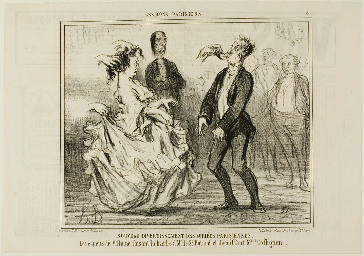 New Entertainment at the Parisian Evening Parties. The spirit of Mr. Hume shaving the beard of Monsieur de St. Potard and undoing the hair of Madame Coffignon, plate 8 from Ces Bons Parisiens by Honoré-Victorin Daumier, print, 1857