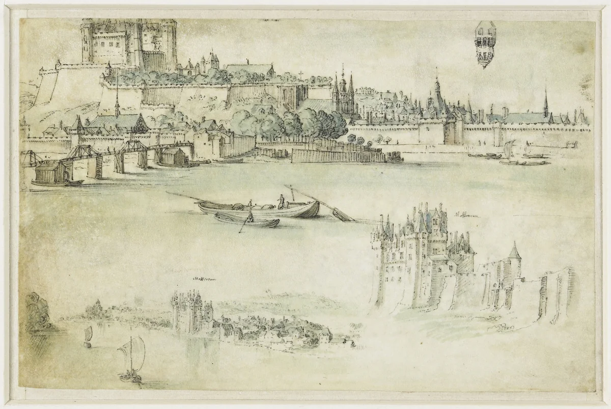 Loire-landschap met de kastelen Saumur en Montsoreau by anonymous, drawing, 1600-1650