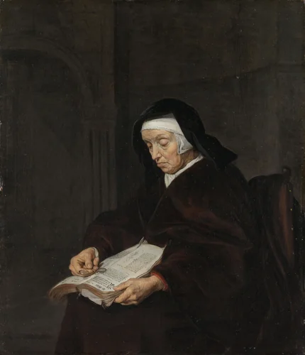 Old Woman Meditating by Gabriël Metsu, painting, 1661-1663