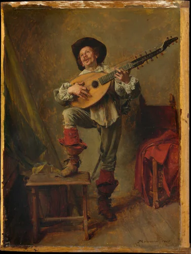 Soldier Playing the Theorbo by Ernest Meissonier, painting, 1865