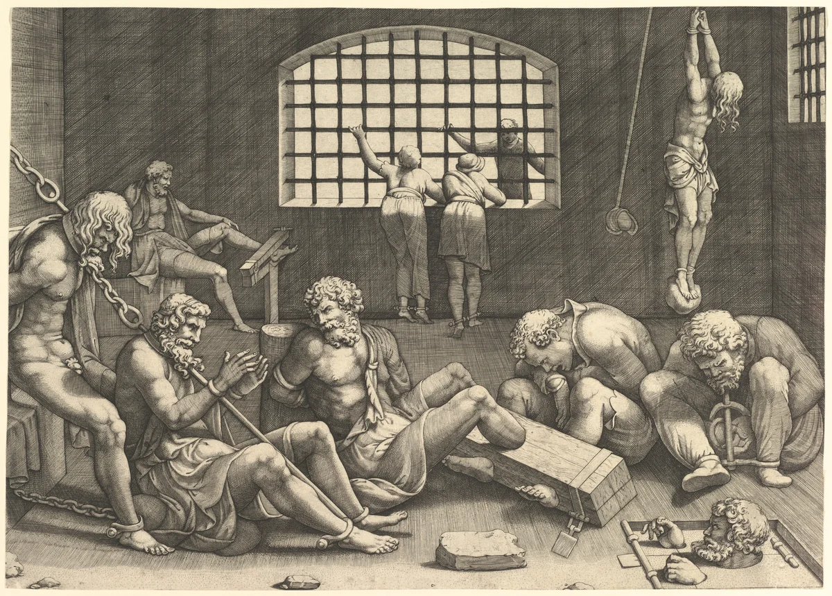 The Prison; a group of men in a dungeon bound in chains and shackles; to the right a figure hanging from his arms, tied to a boulder by anonymous, print, 1480-1590