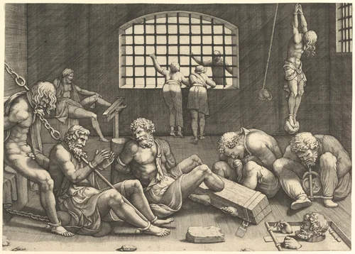 The Prison; a group of men in a dungeon bound in chains and shackles; to the right a figure hanging from his arms, tied to a boulder by anonymous, print, 1480-1590