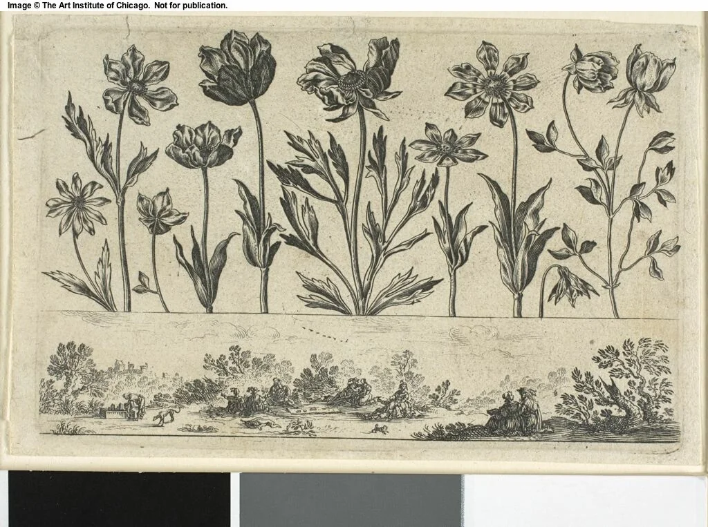 Flowers and Landscape, from Livre Nouveau de Fleurs... by Nicolas Cochin, print, 1645