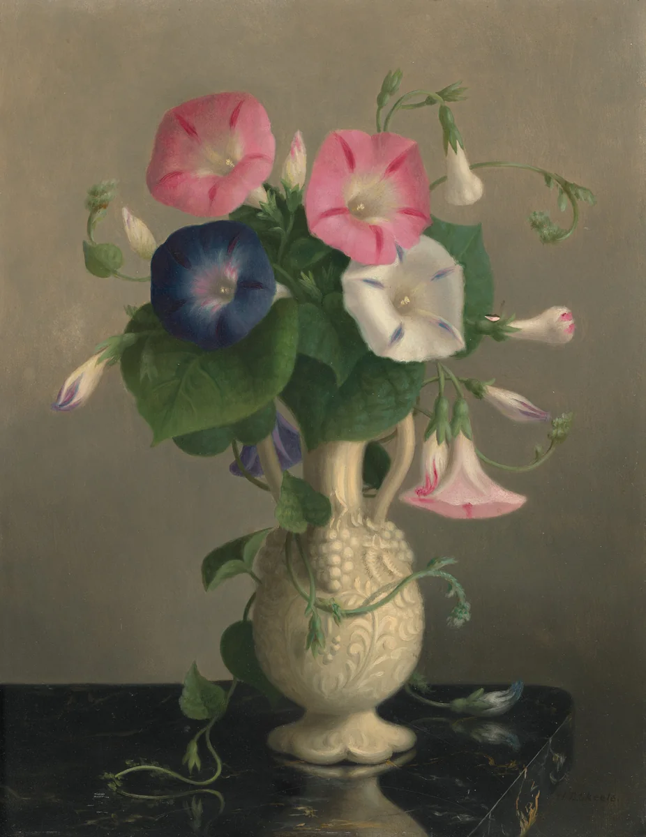 Vase of Morning Glories by Hannah Brown Skeele, painting, 1829-1901