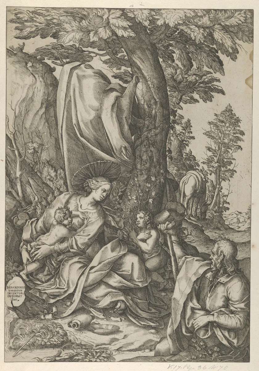 The Holy Family with John the Baptist in a landscape by Bernardino Passeri, print, 1583