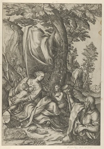 The Holy Family with John the Baptist in a landscape by Bernardino Passeri, print, 1583