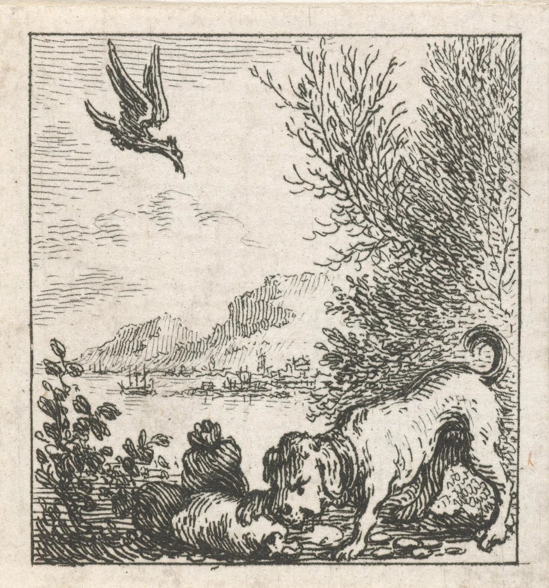 Fabel van de hond en de gier by Simon Fokke, print, 1769
