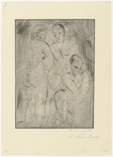 Three Women: Two Standing, One Kneeling (Drei Frauen, zwei stehend, eine kniend) by Wilhelm Lehmbruck, print, 1914