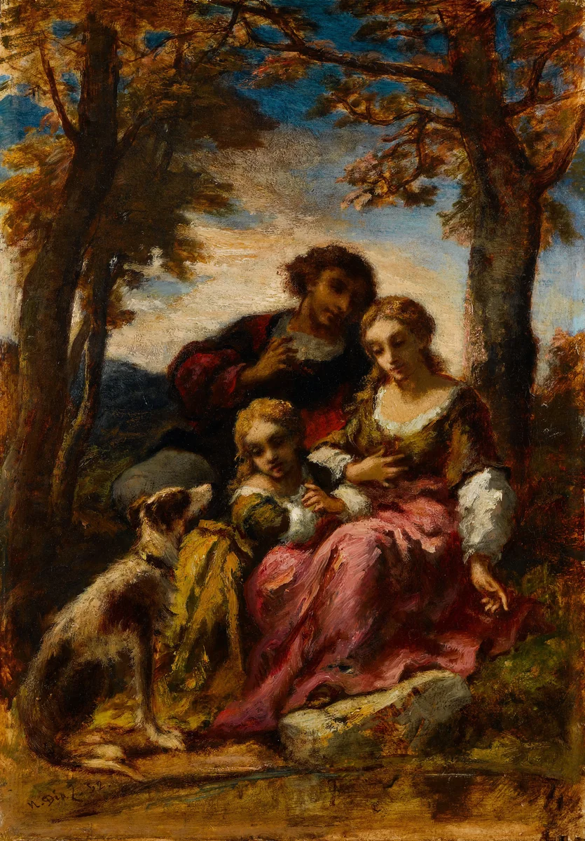 Figures and a Dog in a Landscape by Narcisse Virgile Diaz de la Peña, painting, 1852