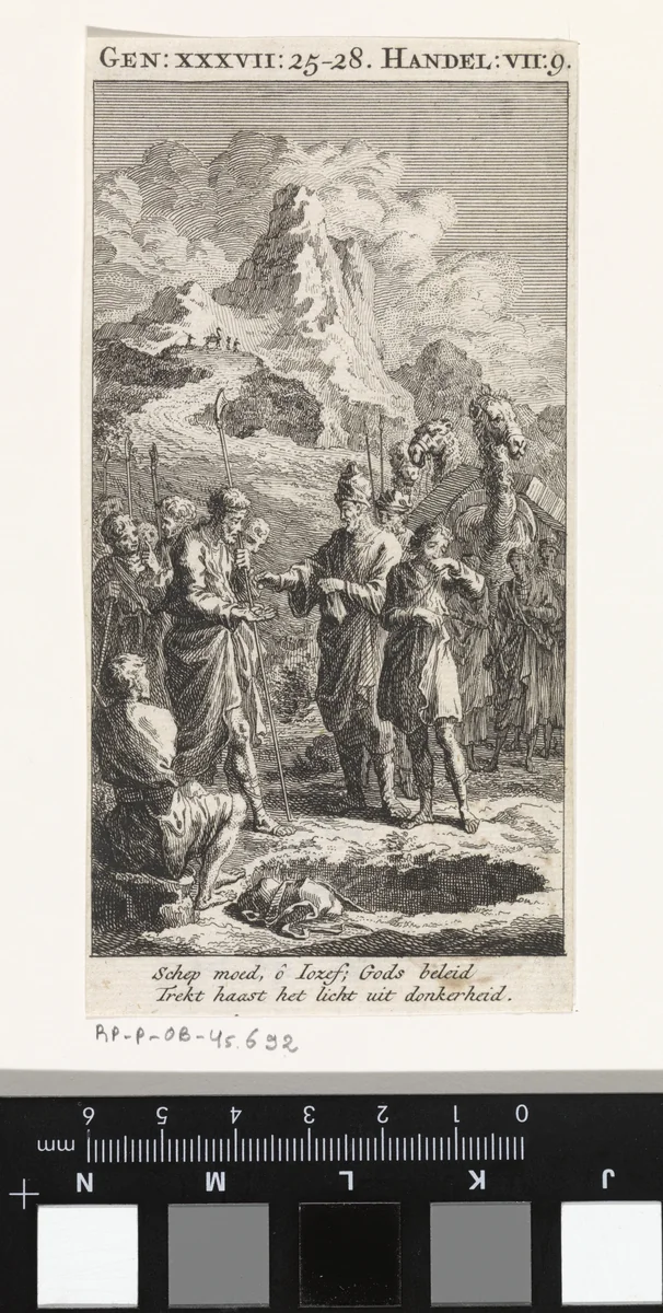 Jozef wordt door zijn broers verkocht aan kooplieden bij de put by Jan Luyken, print, 1712