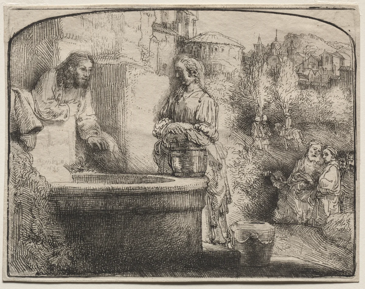 Christ and the Woman of Samaria: An Arched Print by Rembrandt van Rijn, print, 1657-1658