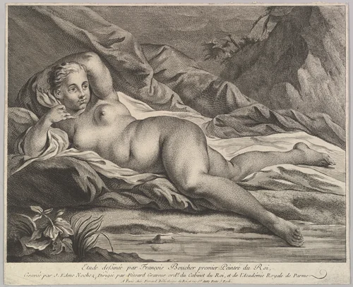Study of a Reclining Nude by Jean Edme Nochez, print, 1736-1800