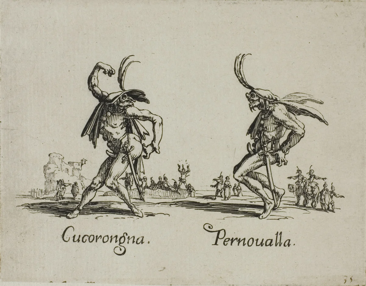 Cucorongna - Pernovalla, plate 2 from Balli di Sfessania by Jacques Callot, print, 1617-1627