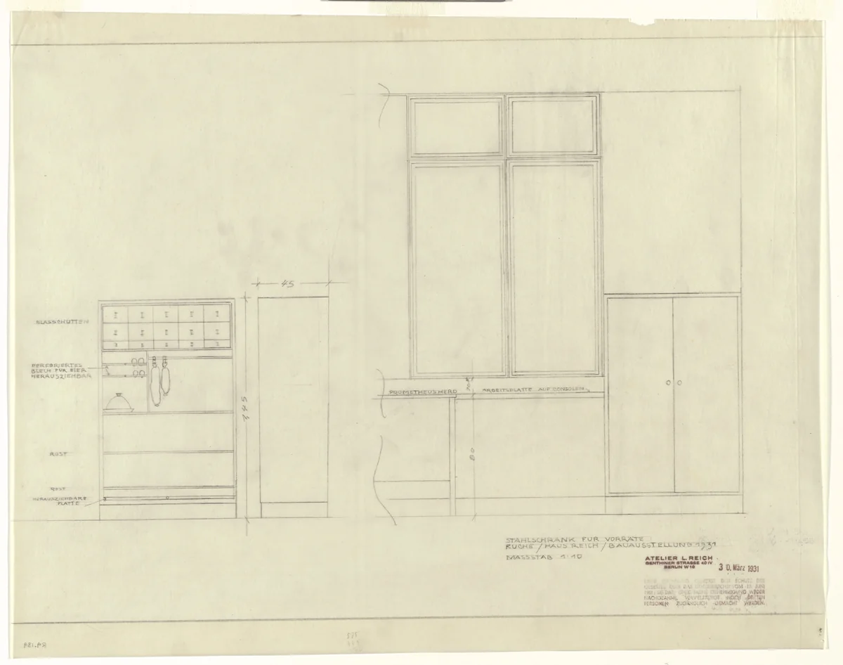 Ground-Floor House in The Dwelling of Our Time, German Building Exhibition, Berlin, Germany (Steel kitchen cabinet) by Lilly Reich, mies van der rohe archive, 1931
