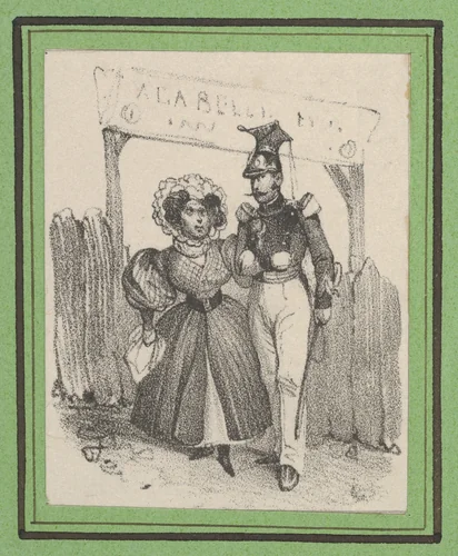 Soldier with a woman on his arm in front of a wodden gate by Victor Adam, print, 1820-1866
