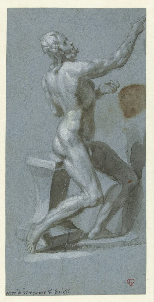 Zittende naakte man, naar rechts by Pieter de Kempener, drawing, 1513-1580