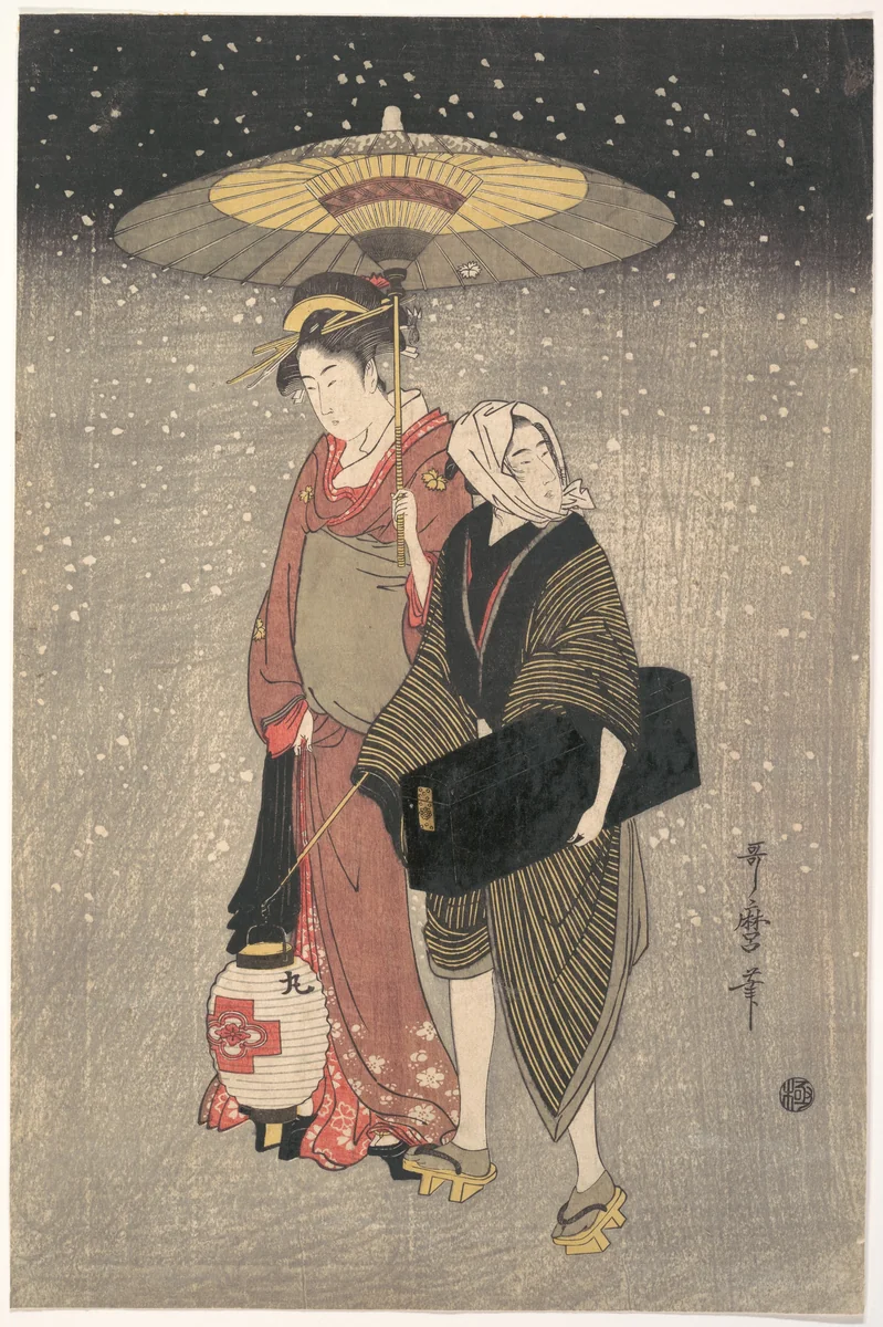 Geisha Walking through the Snow at Night by Kitagawa Utamaro (喜多川歌麿), print, 1787-1807