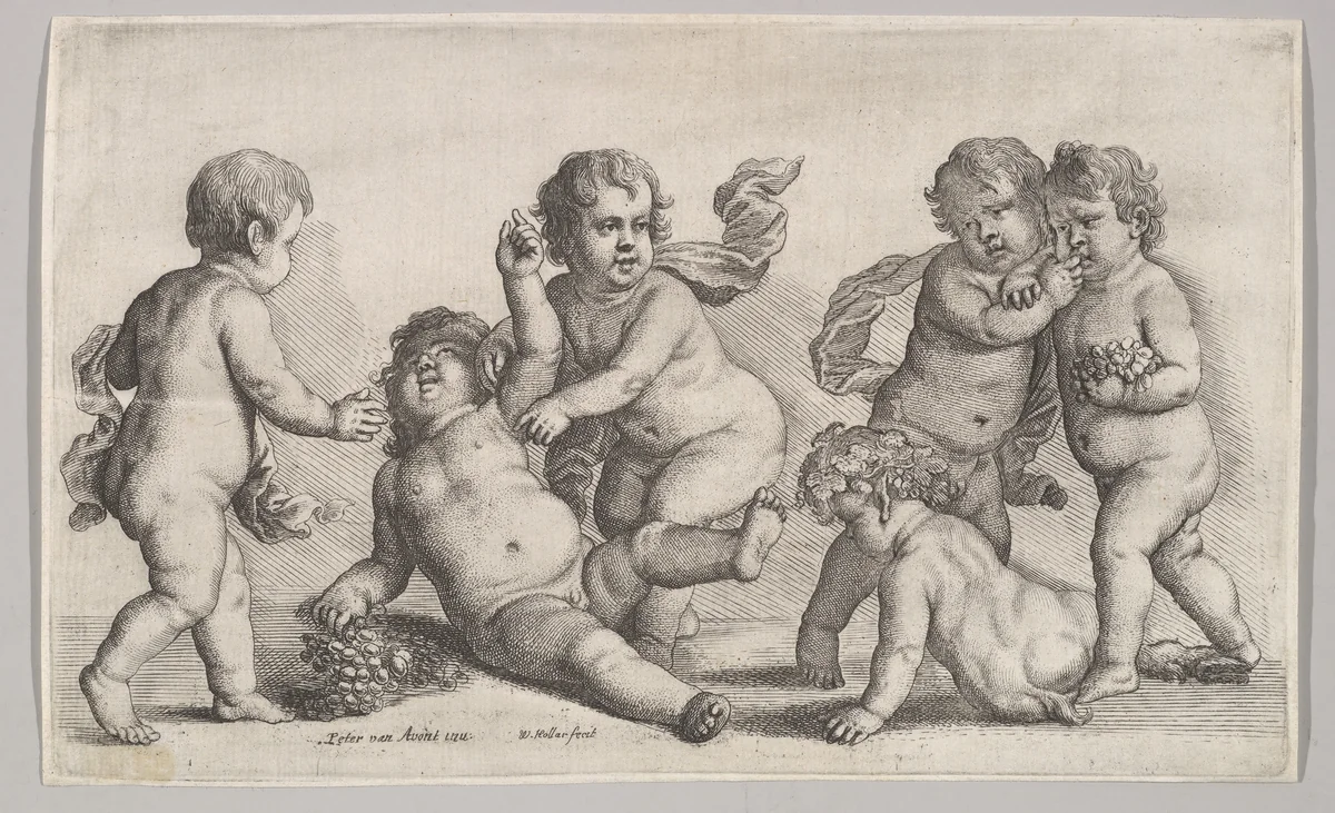 Five boys and a satyr by Wenceslaus Hollar, print, 1625-1677