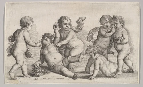 Five boys and a satyr by Wenceslaus Hollar, print, 1625-1677