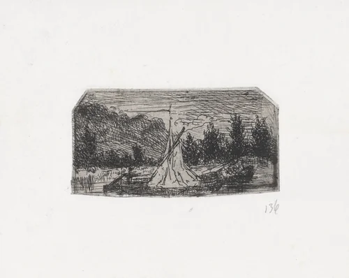 Zeilschip in heuvellandschap by Arnoud Schaepkens, print, 1831-1904