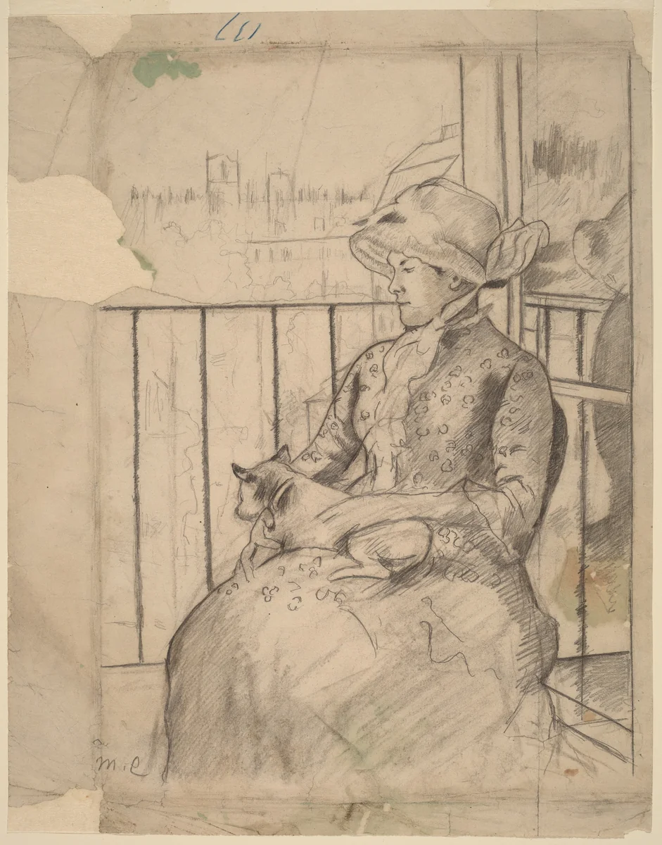 Susan on a Balcony Holding a Dog [recto] by Mary Cassatt, drawing, 1883